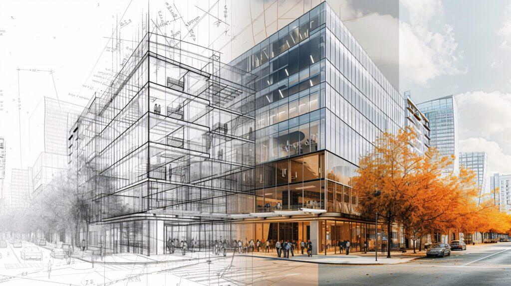 Visualisierter Bürokomplex mit Entwurfsskizze | Architektur Rendering