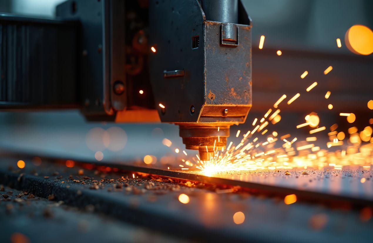 Laserschneidmaschine bearbeitet Metallplatte bei moderner CNC-Blechbearbeitung mit Funkenflug